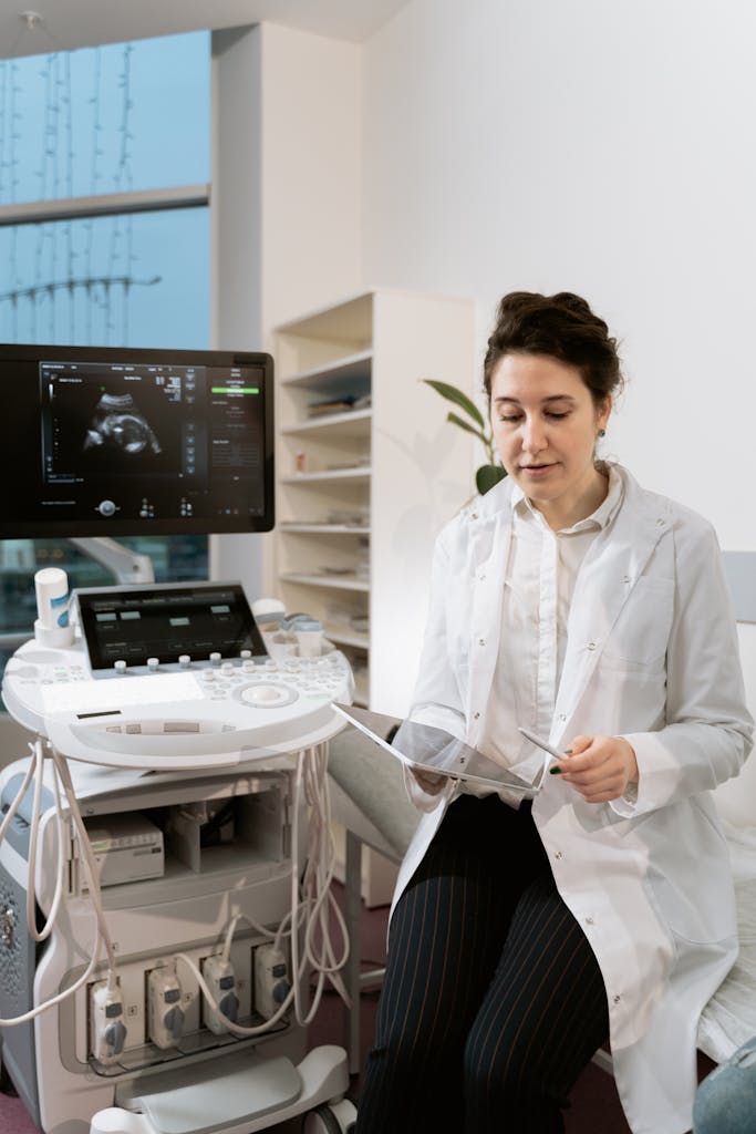 A female doctor in a clinic reviewing ultrasound images with medical equipment.