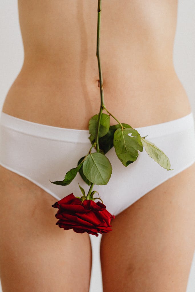 Close-up of a woman's waist with a red rose, symbolizing femininity and beauty.